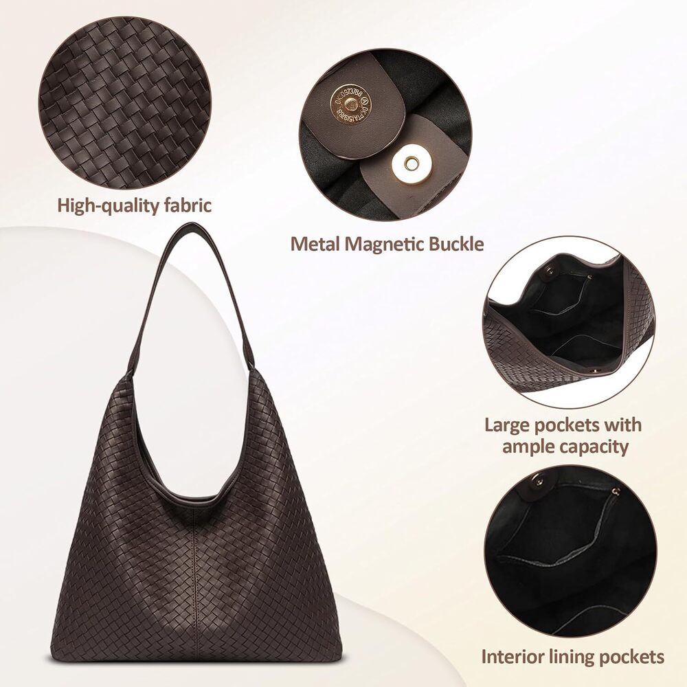 Large Woven Tote Bag for Women, Vegan Leather Hobo Purse - Picture 7 of 7